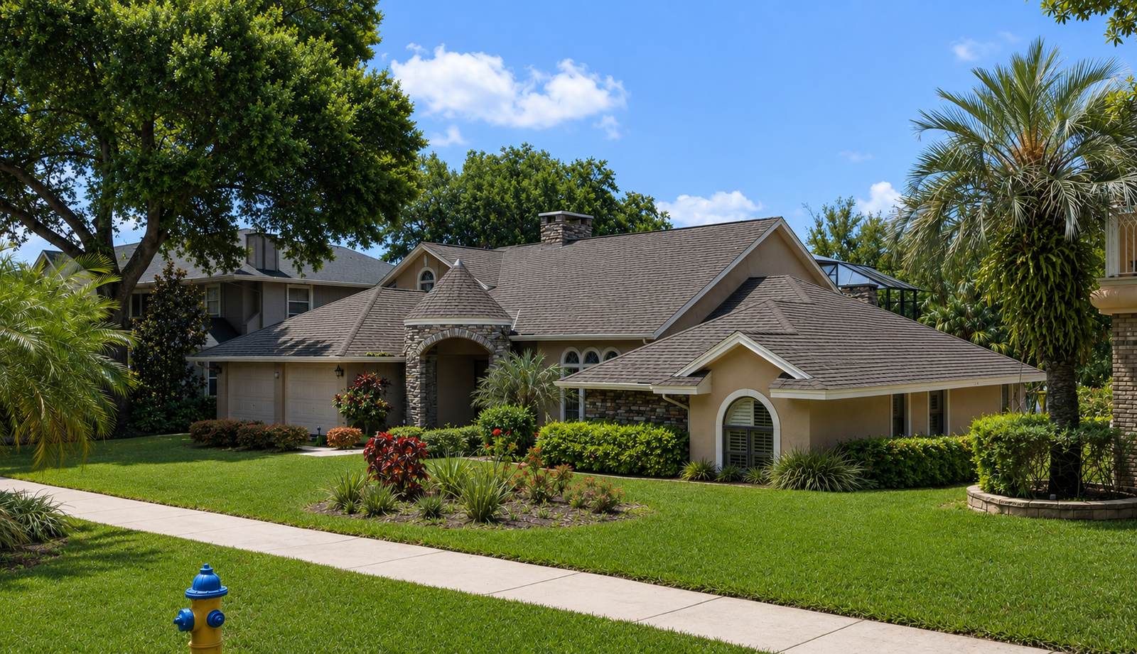 The same home after ShingleRX treatment: the roof is clean and uniform, with the dark streaking gone